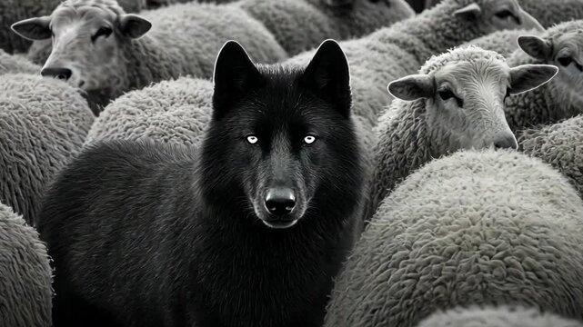A black wolf stands among a flock of sheep, creating a striking contrast.