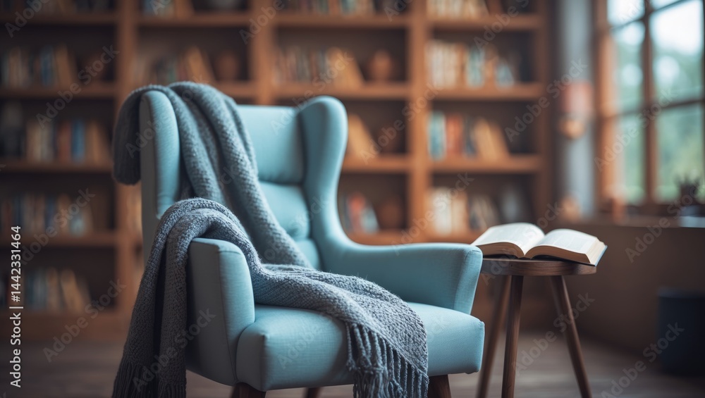 Poster hazy background of an inviting reading nook with a plush armchair surrounded by shelves of books, pe
