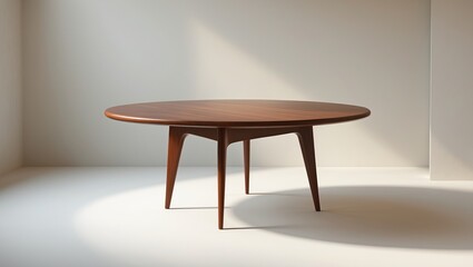 Wooden round table set against a plain background.