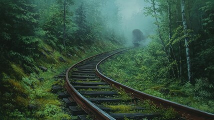 Fototapeta premium An old railway track winding through a dense forest, with overgrown vines and moss covering the rusty rails under a misty morning sky.