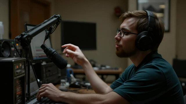 A focused young man engaged in radio broadcasting, using equipment and headphones in a professional studio setting.