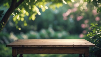 Naklejka premium Blurred garden backdrop behind a wooden desk