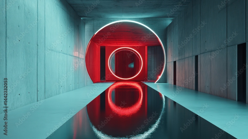 Poster abstract architectural design with glowing neon circles and reflections of light