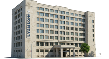 Isolated Modern Stone Hospital Building Exterior