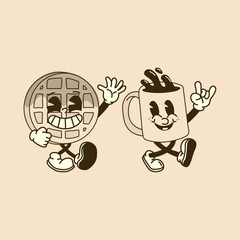 Groovy Cartoon Waffle and Coffee Cup Breakfast Duo