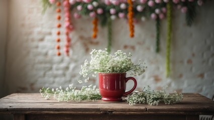 Available space on a wooden desk for your embellishments. White wall and spring decorations.