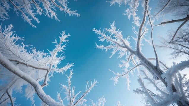 Branches adorned with frost set against a winter sky