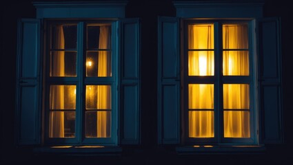 Vintage windows with warm light shining through curtains at night