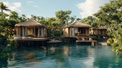 Obraz premium Tropical overwater bungalows nestled in lush foliage