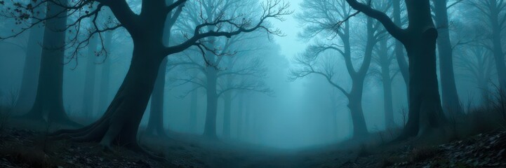 Obraz premium Eerie fog shrouds ancient, skeletal trees Misty, chilling woods , morning, chill, mist