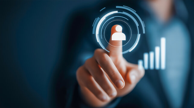 Businessman interacts with visual screen to access data and insights in a modern office