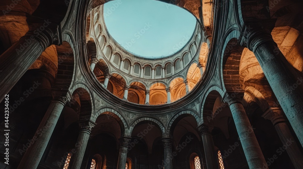 Poster interior view of a circular building with open ceiling and pillars