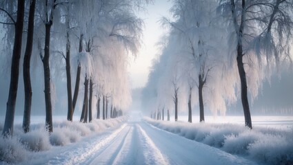 Obraz premium Winter morning with a clear sky and icy trees along a country road.