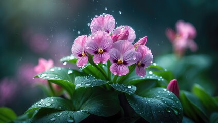Small delicate light pink violet in bloom with water drops on natural backdrop