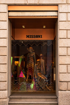 Milan, Italy - 02.08.2023: Fashion window Missoni display with mannequins and stylish geometry patterns.