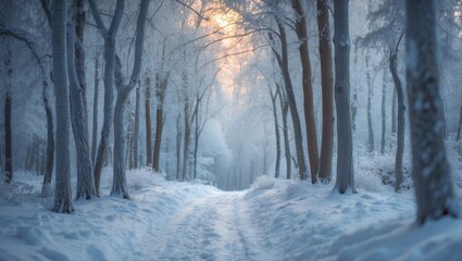 Obraz premium Sunlit winter pathway surrounded by frosted trees.