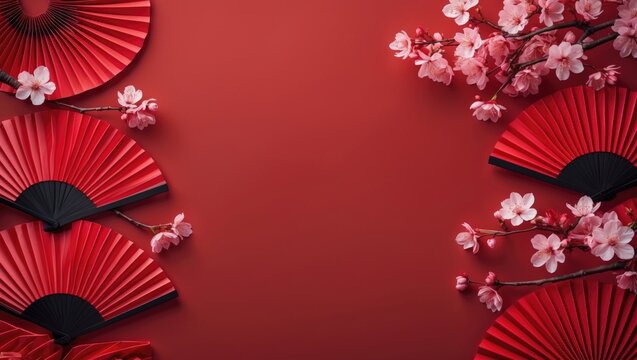Festive setup featuring red paper fans and sakura blossoms for a memorable occasion, captured from above