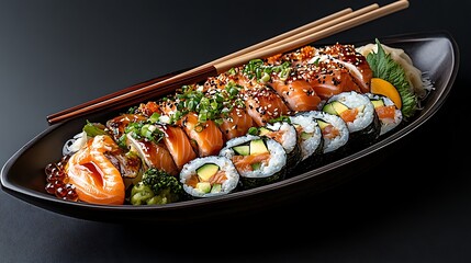 a wooden bowl with sushi
