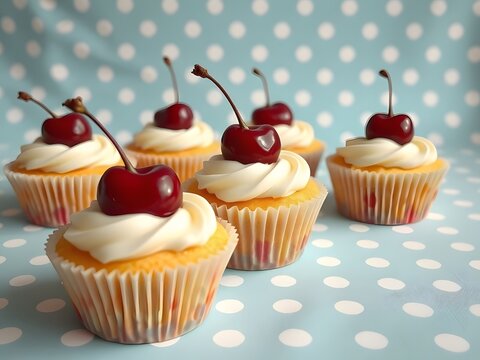 cupcakes topped with cherries on the pastel blue polka dot fabric