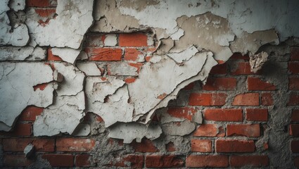 Aged brick surface with deteriorating plaster revealing bricks, showcasing cracks, peeling layers, and weathered textures in a rustic urban style.