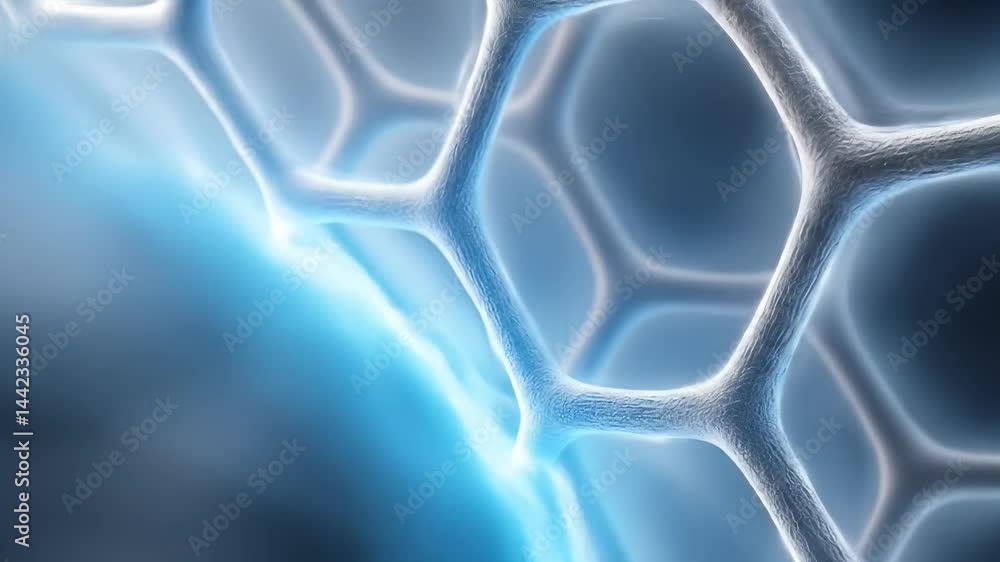 Poster cell structure close up with blue glowing light and hexagonal pattern showing detailed biological te