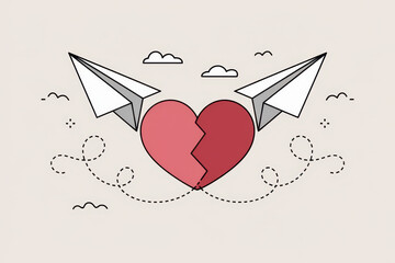 Romantic symbolism: paper planes and broken heart with dotted flight paths
