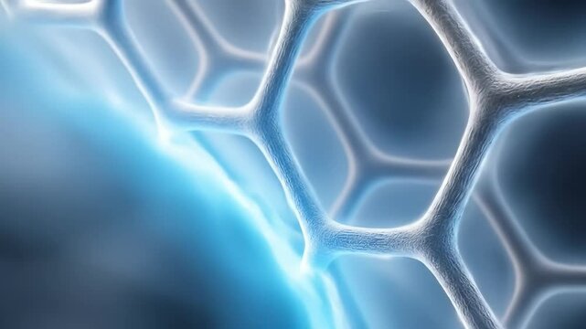 Cell structure close up with blue glowing light and hexagonal pattern showing detailed biological texture and abstract molecular