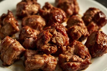 Fototapeta premium glazed pork meat pieces cooked to a golden-brown hue
