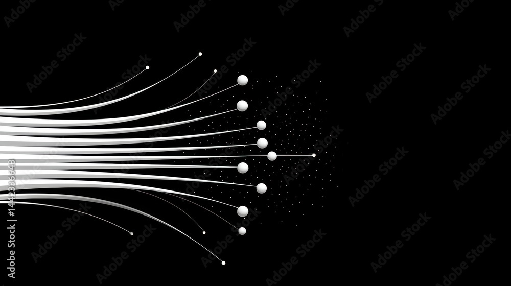 Poster a black and white abstract design featuring a series of curved lines and small circles.