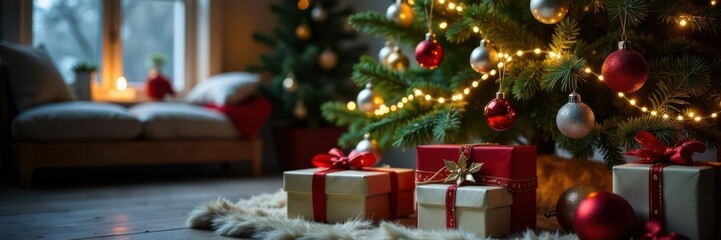 Ornate Christmas tree, gifts, lights, baubles Festive winter holiday scene , winter wonderland, illustration