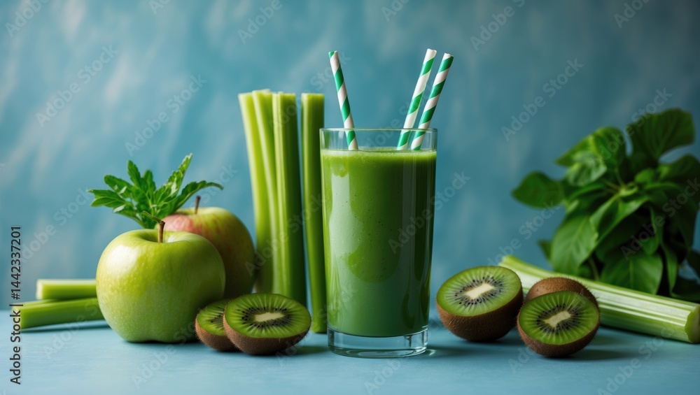 Poster savory green juice and fresh components on a table with a background that allows for text