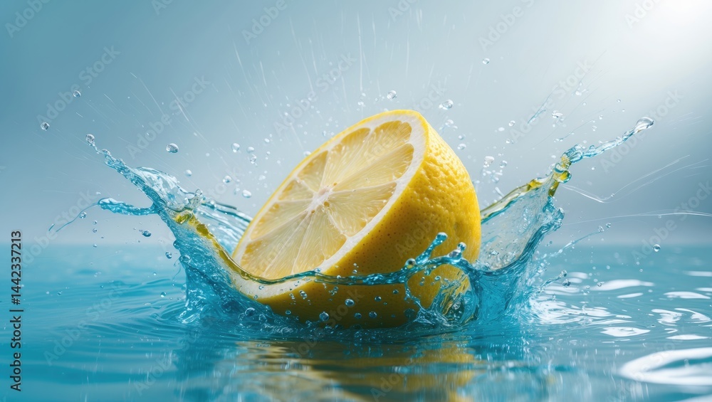 Poster lemon splashing into refreshing water