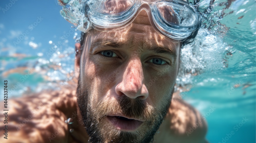 Poster A man swims gracefully beneath the shimmering surface, donning protective goggles as bubbles rise around him. Sunlight filters through crystal-clear water, creating a mesmerizing atmosphere
