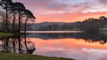 Obraz premium A serene lake reflects vibrant colors from the beautiful sunrise