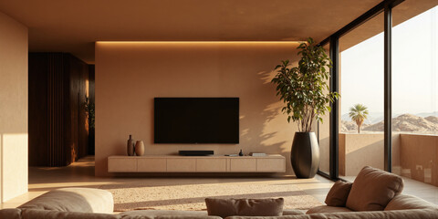 Fototapeta premium Serene Desert Retreat A warm, calming space with a wall-mounted TV above a minimalist TV stand made of natural stone