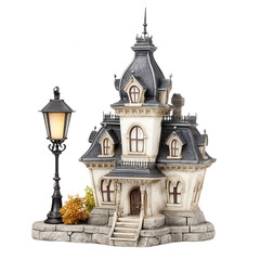 Obraz premium A decorative haunted house sits near glowing lamp post for halloween decor.
