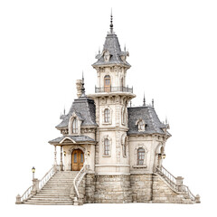 Fototapeta premium An ornate victorian style mansion stands tall against a plain white backdrop.