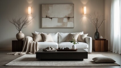 An elegant, minimalist living room with a plush white couch embellished with neutral cushions and a snug blanket. A wooden coffee table, contemporary wall art, and refined decor create a soothing