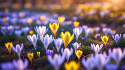 High-resolution image of yellow crocuses blooming in early spring