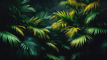 Dark green palm leaves creating a tropical forest background