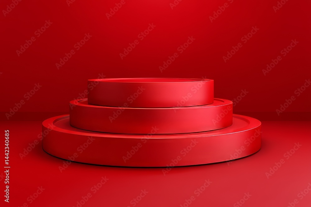 Poster a vacant red background and a display stand or shelf in a studio setting for showcasing or designing