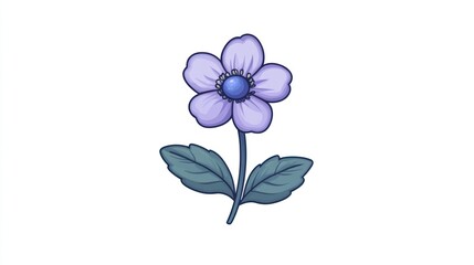 Single light purple flower on stem with leaves, isolated