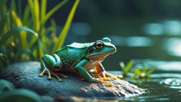 Charming Green Frog on the Pond's Edge: Lake or Pool Frog, Marsh Frog, Edible Frog