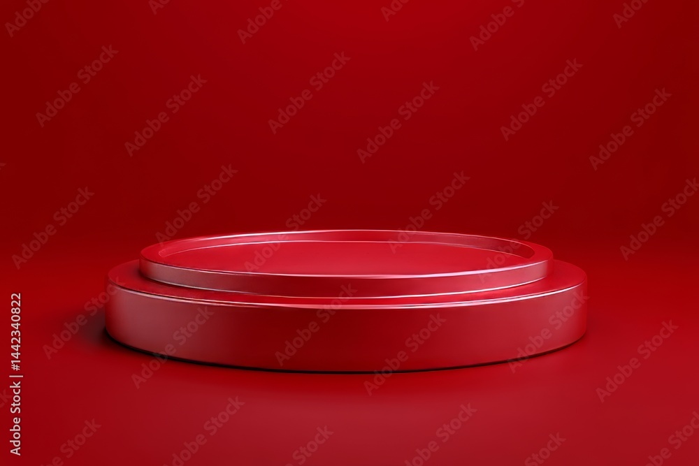 Poster in a studio, a red background with no objects and a display stand or shelf are set up for showcasing