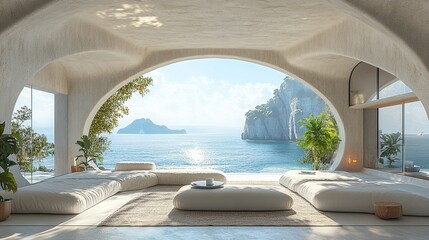 Fototapeta premium Coastal retreat boasts ocean views. Relax on plush cushions in this serene getaway, surrounded by the beauty of nature and seascape.