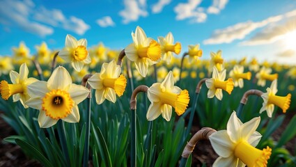 Fototapeta premium Yellow daffodils captured up close from a low perspective with blue sky