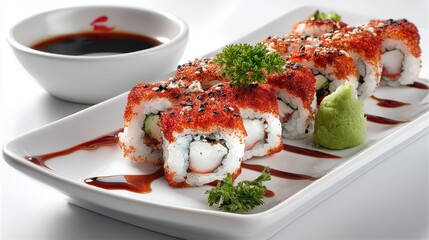 a large white plate with sushi rolls on a white isolated background, fresh and appetizing design