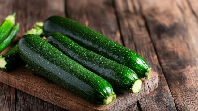 Freshly harvested zucchinis displayed on a wooden cutting board in a rustic kitchen setting