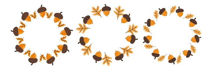 Vector autumn frame for fall. Colorful fall leaves, acorns, cute cartoon squirrel. Clean, bright design. Isolated.
