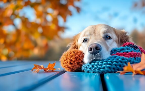 Fototapeta Golden retriever in autumnal scarf on picnic table